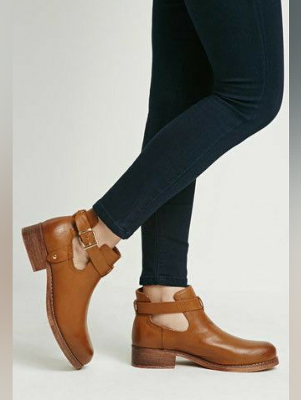 Forever 21 Brown Caramel Tan Ankle Booties Cut Out Strap Faux Leather 7 7M